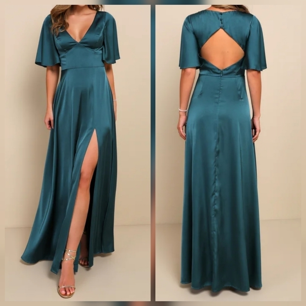 Lulus Elegant Confidence Teal Satin Flutter Sleeve Cutout Maxi Dress, Size Med